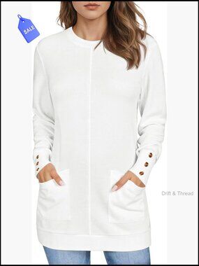 Long Sleeve Tunic Top with Pockets Loose Fit Crew Neck Tee